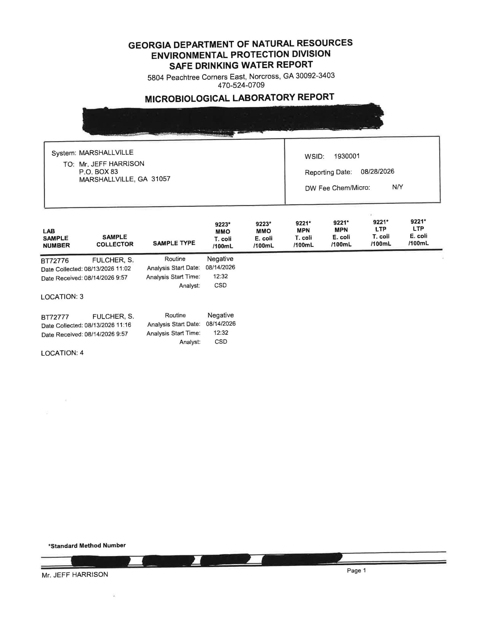 SAFE DRINKING WATER REPORT